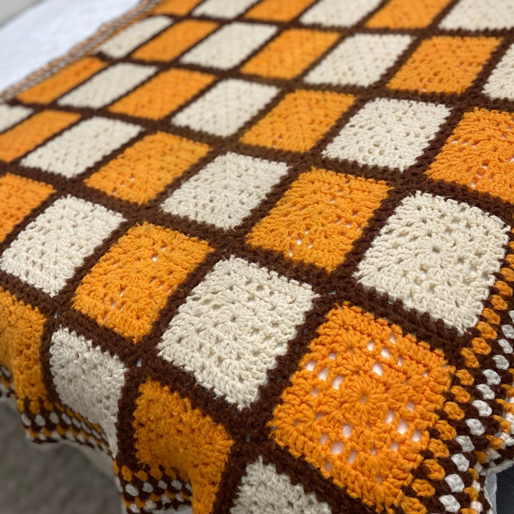 Handmade Orange and Cream Crochet Granny Square Throw - Brand